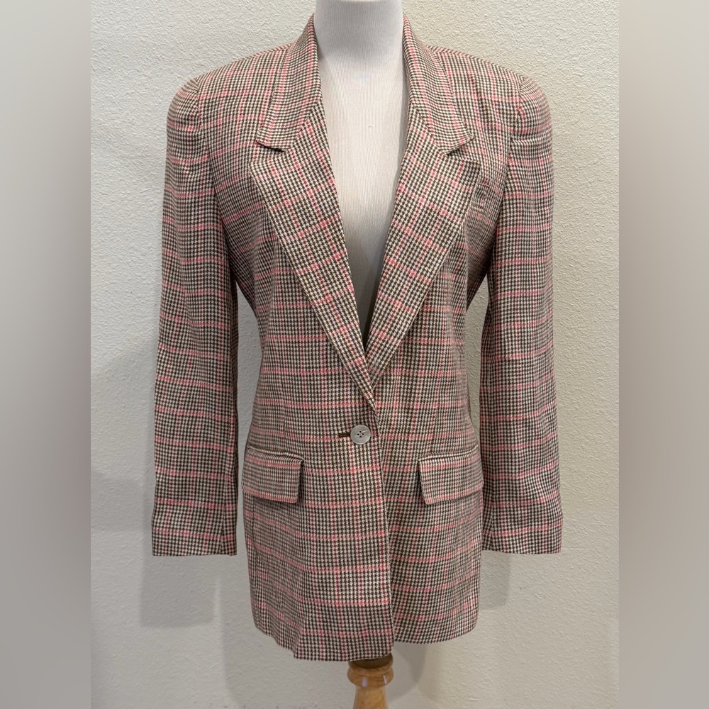 Vintage Valerie Stevens 100% Linen Blazer Jacket 8 Houndstooth Plaid Pink Brown‎